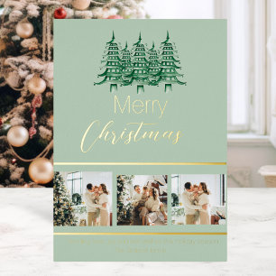 Festive Sage Green Christmas Pagoda Tree  Foil Holiday Card
