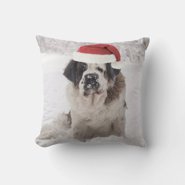 Festive Saint bernard dog with santa hat Cushion (Front)