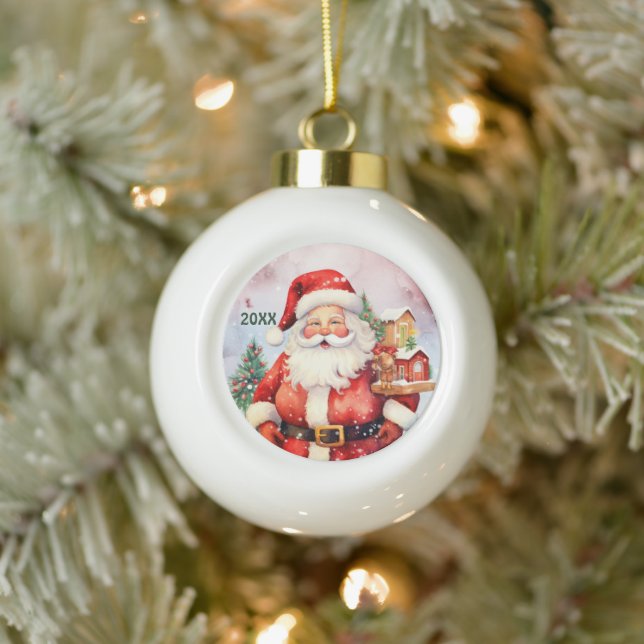 Festive Santa add Year  Ceramic Ball Christmas Ornament (Tree)