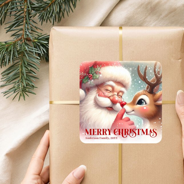 Festive Santa and Rudolph Personalized Holiday  Square Sticker (Festive Santa and Rudolph Personalized Holiday Sticker)