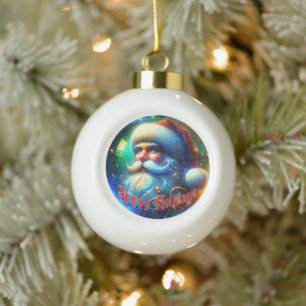 Festive Santa Claus and a Colourful Happy Holidays Ceramic Ball Christmas Ornament