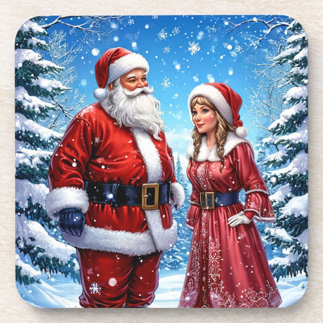 Festive Santa Claus and Mrs. Claus Coaster (Front)