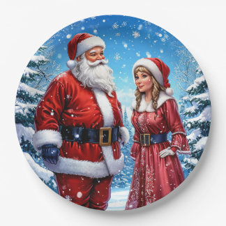Festive Santa Claus and Mrs. Claus Paper Plate