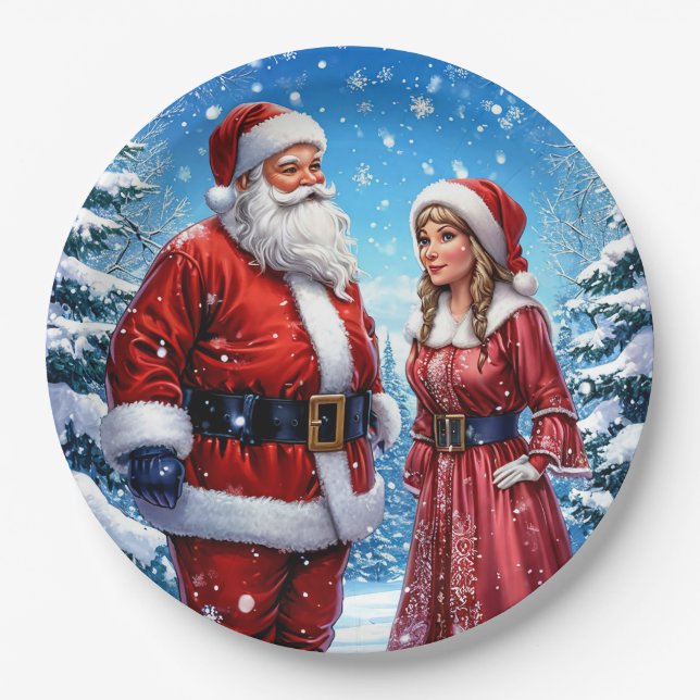 Festive Santa Claus and Mrs. Claus Paper Plate (Front)