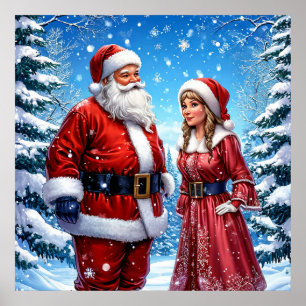 Festive Santa Claus and Mrs. Claus Poster