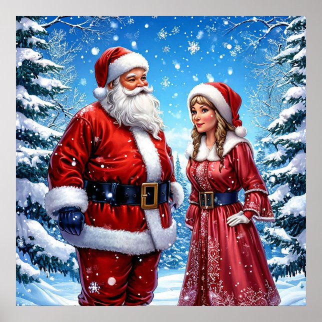 Festive Santa Claus and Mrs. Claus Poster (Front)