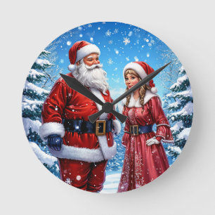 Festive Santa Claus and Mrs. Claus Round Clock