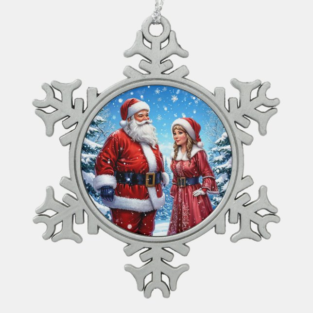 Festive Santa Claus and Mrs. Claus Snowflake Pewter Christmas Ornament (Front)