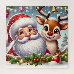 Festive Santa Claus and Reindeer in SnowyChristmas Jigsaw Puzzle