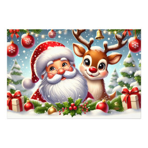 Festive Santa Claus and Reindeer in SnowyChristmas Photo Print