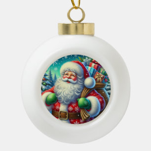 Festive Santa Claus Holding a Gift Sack Ceramic Ball Christmas Ornament