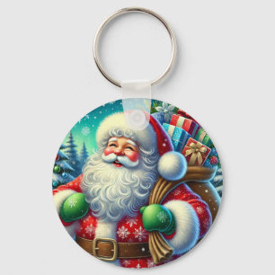 Festive Santa Claus Holding a Gift Sack Key Ring