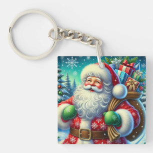 Festive Santa Claus Holding a Gift Sack Key Ring
