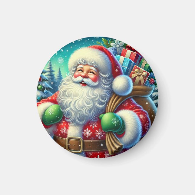 Festive Santa Claus Holding a Gift Sack Magnet (Front)