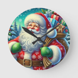 Festive Santa Claus Holding a Gift Sack Round Clock