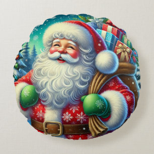 Festive Santa Claus Holding a Gift Sack Round Cushion