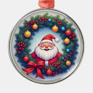 Festive Santa Claus in Christmas Wreath Metal Tree Decoration