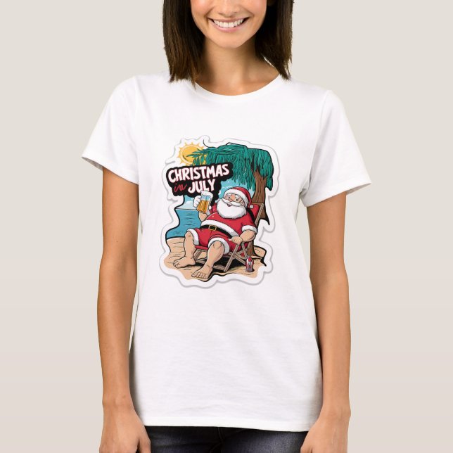 Festive Santa Claus Relaxing on Tropical Shore T-Shirt (Front)