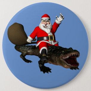 Festive Santa Claus Riding An Alligator 6 Cm Round Badge