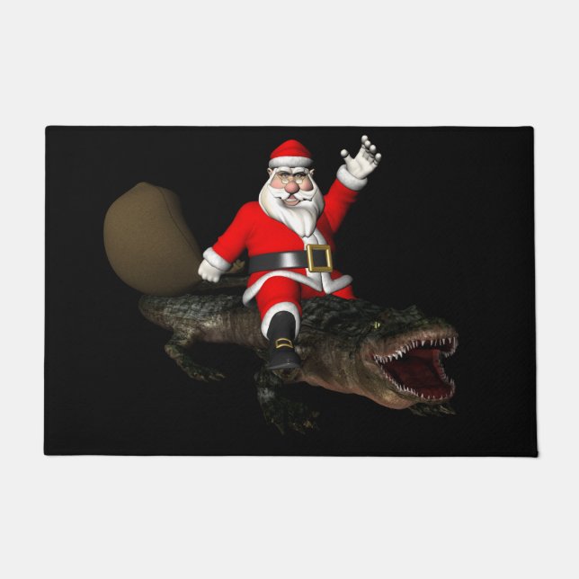 Festive Santa Claus Riding An Alligator Doormat (Front)