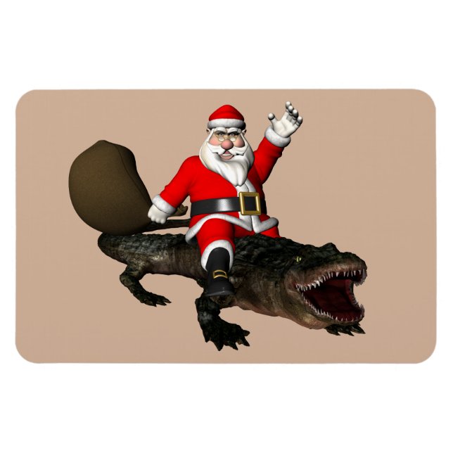 Festive Santa Claus Riding An Alligator Magnet (Horizontal)