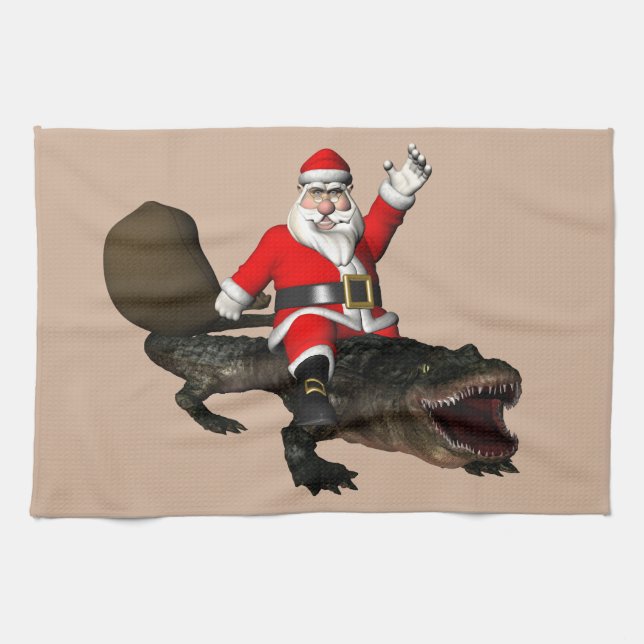 Festive Santa Claus Riding An Alligator Tea Towel (Horizontal)