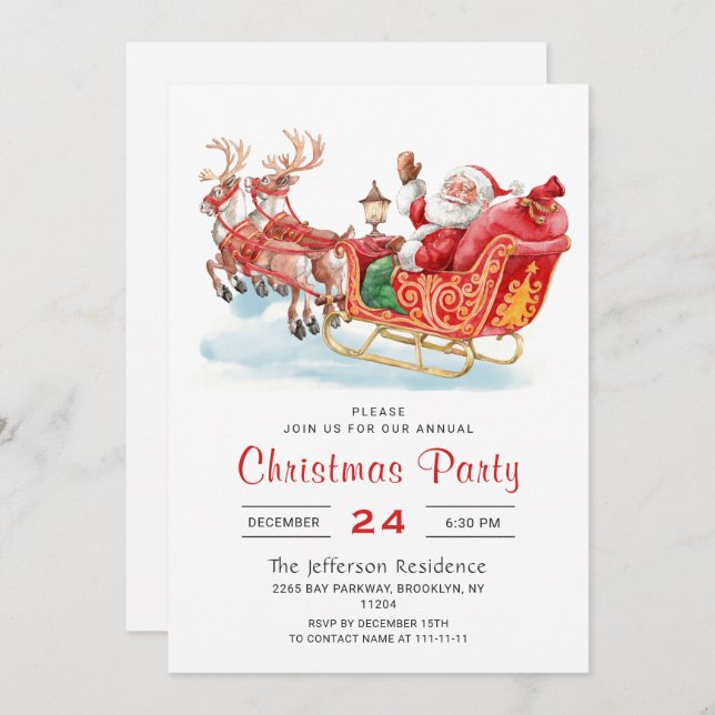 Festive Santa Claus Sleigh Holiday Christmas Party Invitation (Front/Back)