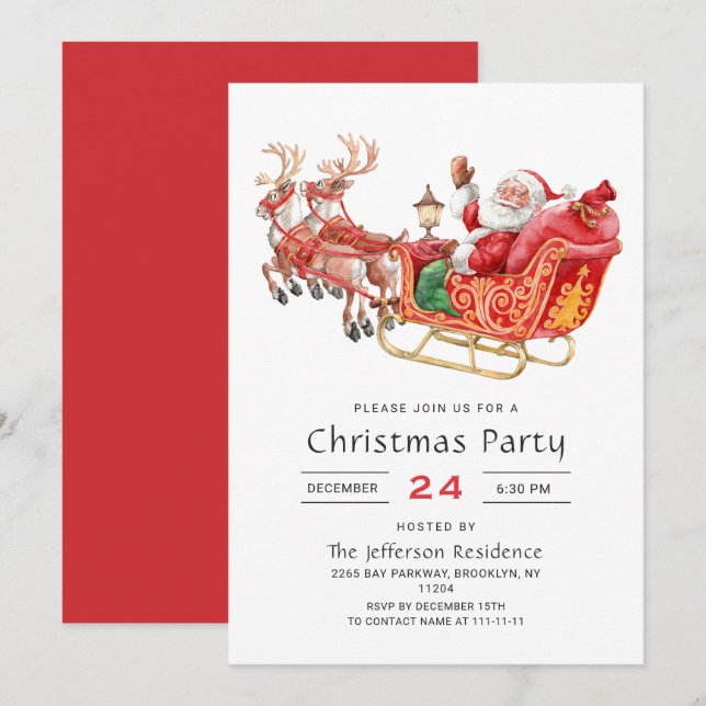 Festive Santa Claus Sleigh Holiday Christmas Party Invitation (Front/Back)
