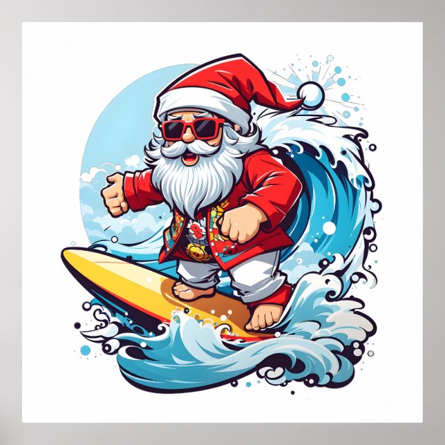 Festive Santa Claus Surfing Christmas Waves Poster (Front)