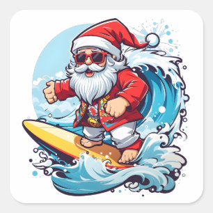 Festive Santa Claus Surfing Christmas Waves Square Sticker