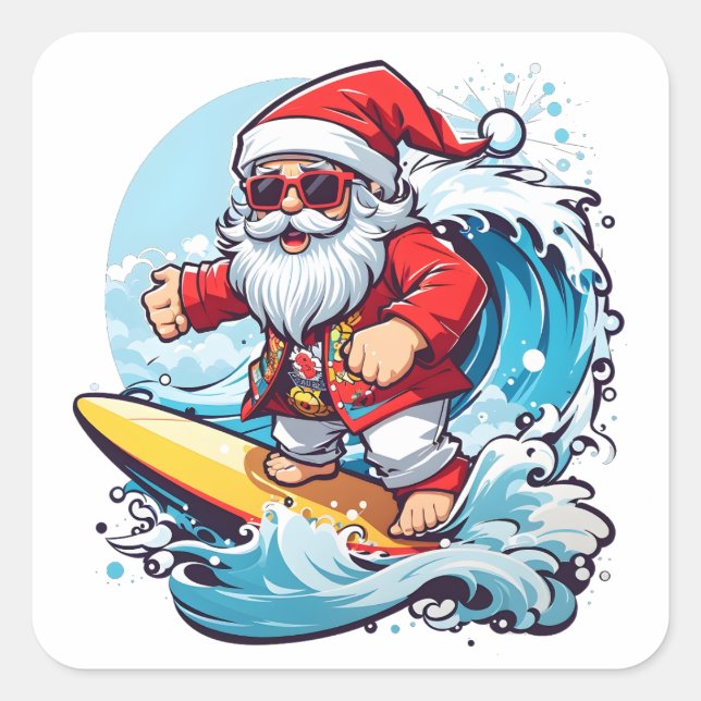 Festive Santa Claus Surfing Christmas Waves Square Sticker (Front)