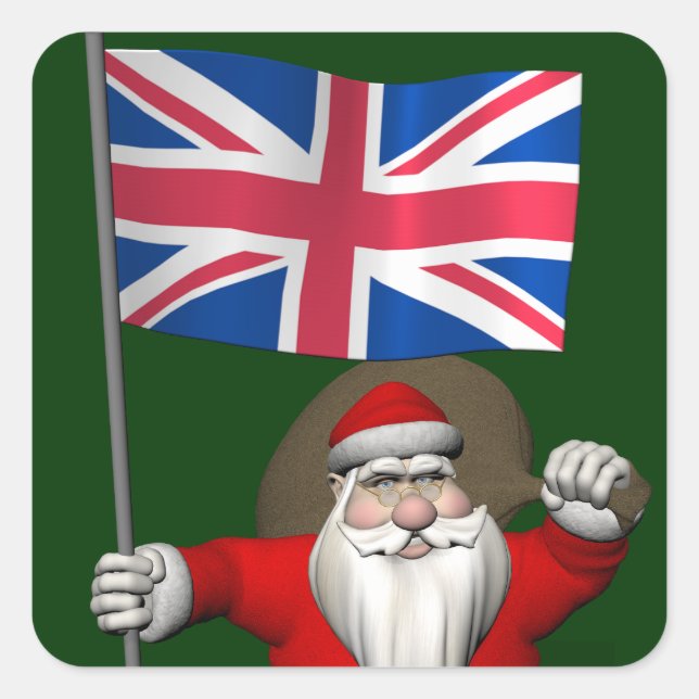 Festive Santa Claus With Flag Of The UK Square Sticker (Front)