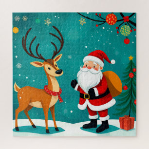 Festive Santa Claus With Reindeer Jigsaw Puzzle