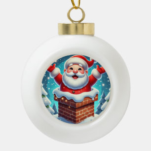 Festive Santa Emerging from Chimney Ceramic Ball Christmas Ornament