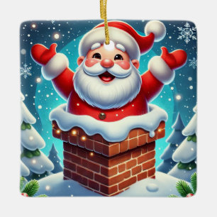 Festive Santa Emerging from Chimney Ceramic Ornament