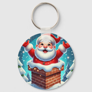 Festive Santa Emerging from Chimney Key Ring