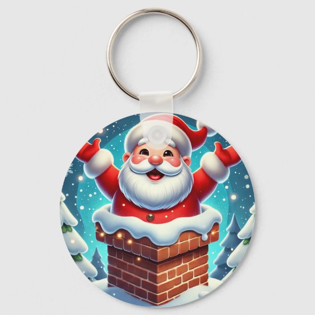 Festive Santa Emerging from Chimney Key Ring (Front)