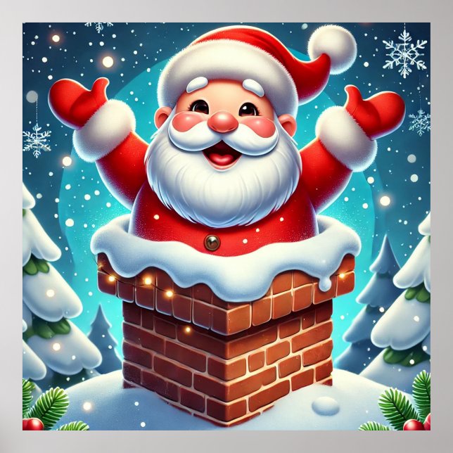 Festive Santa Emerging from Chimney Poster (Front)