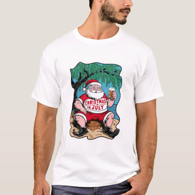 Festive Santa Enjoying Beer Under Tree T-Shirt (Front)