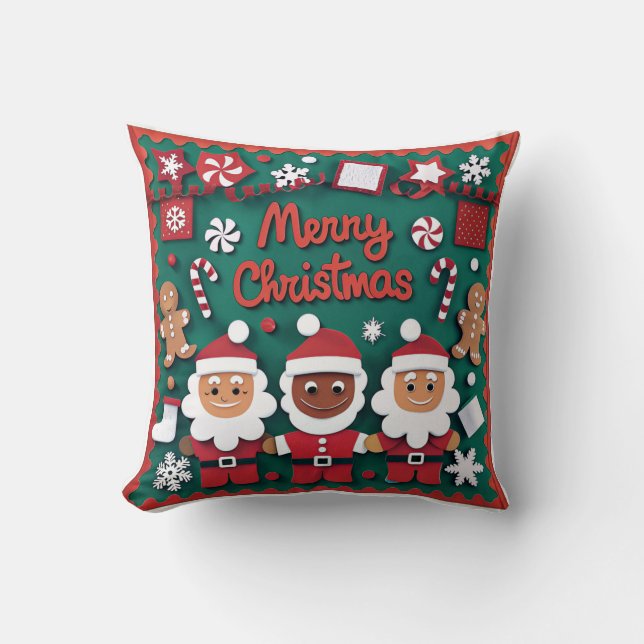Festive Santa & Gingerbread Design Cushion (Front)