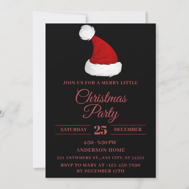 Festive Santa Hat, Black red Christmas Party Invitation (Front)