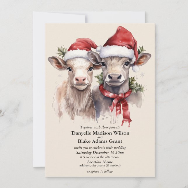 Festive Santa Hat Cow Calves Christmas Wedding  Invitation (Front)