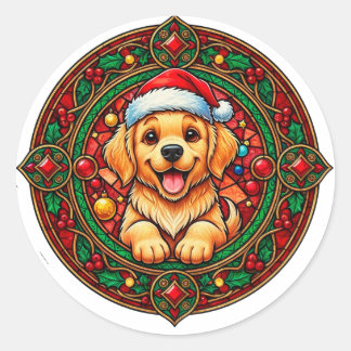 Festive Santa Hat Dog Cartoon Classic Round Sticker
