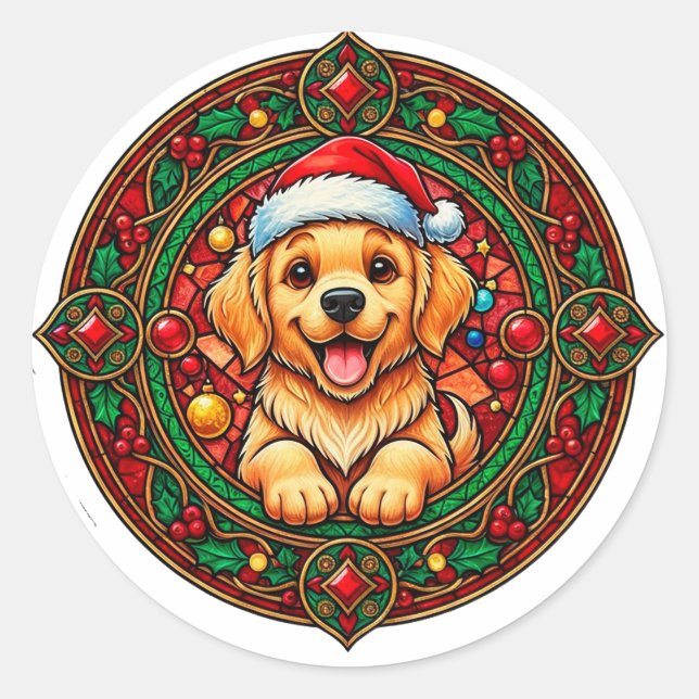 Festive Santa Hat Dog Cartoon Classic Round Sticker (Front)