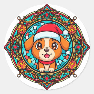 Festive Santa Hat Dog Cartoon Classic Round Sticker