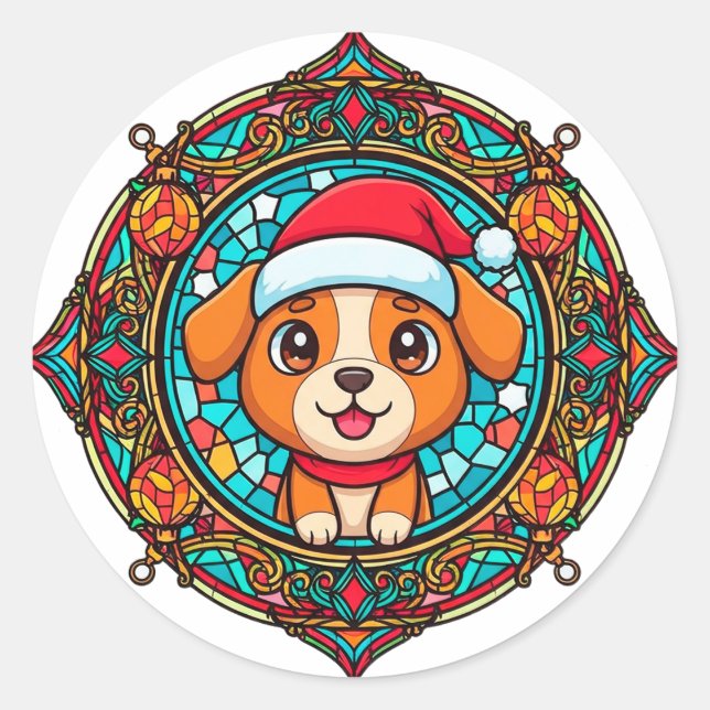 Festive Santa Hat Dog Cartoon Classic Round Sticker (Front)