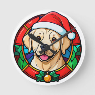 Festive Santa Hat Dog Cartoon Round Clock