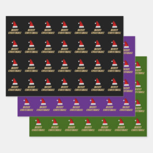 Festive Santa Hat + Striped "MERRY CHRISTMAS!" Wrapping Paper Sheet