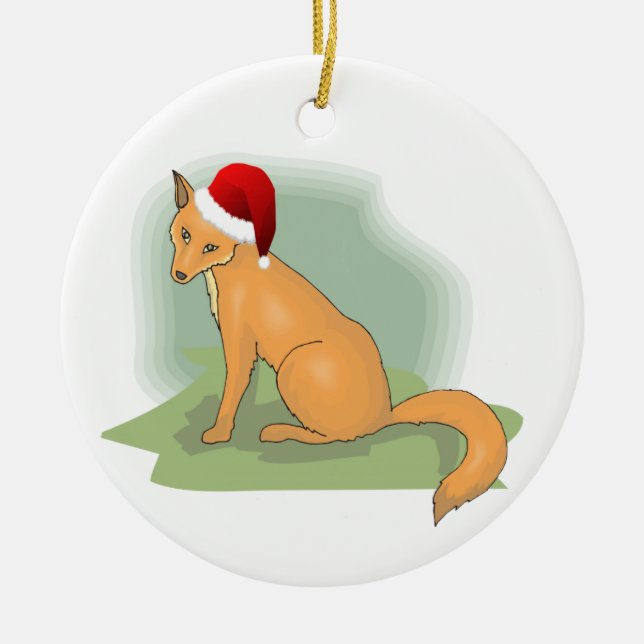 Festive Santa Hatted Fox Ceramic Tree Decoration (Front)