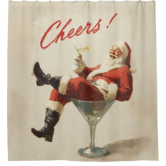 Festive Santa Holiday Cheers Shower Curtain (Front)
